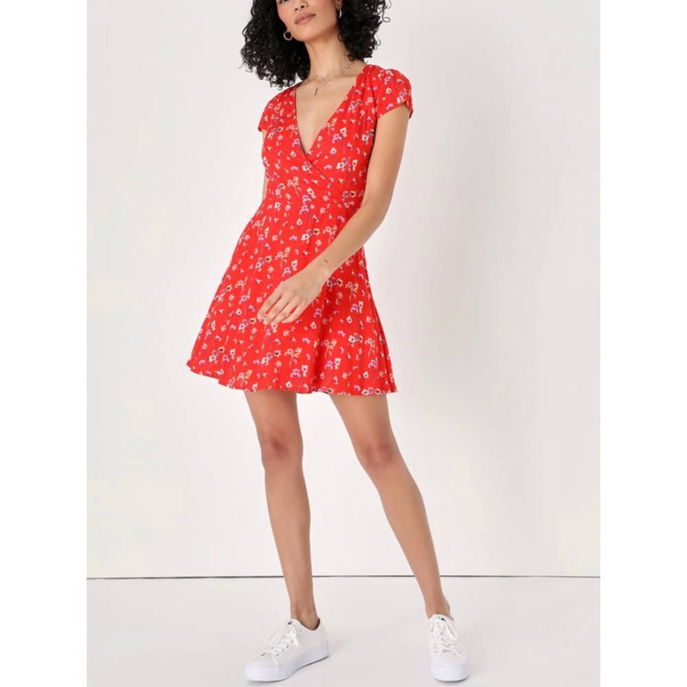 Lulus Easy Going Essence Red Floral Surplice Mini Skater Dress